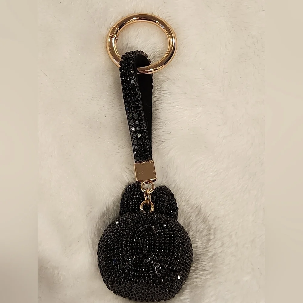 Labubu Black Rhinestone Keychain with Gold Ring Bag Charm